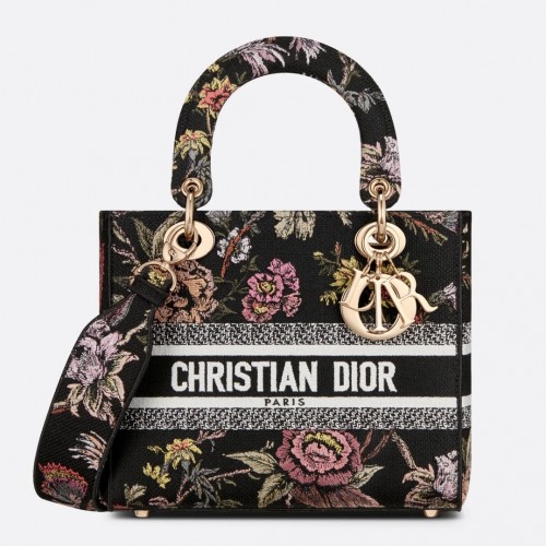 Dior Lady D-Lite Medium Bag In Black Jardin Botanique Embroidery Dior Lady D-Lite Medium Bag In Black Jardin Botanique Embroidery