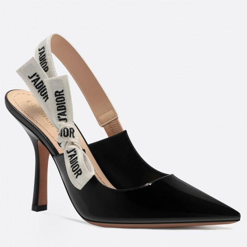 Dior J'Adior Slingback Pumps 100mm In Black Patent Calfskin Dior J'Adior Slingback Pumps 100mm In Black Patent Calfskin