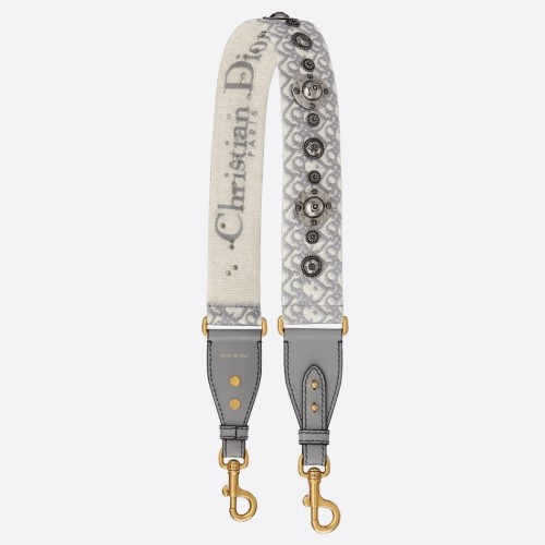 Dior Shoulder Strap in Grey Oblique Embroidery with Medallions Dior Shoulder Strap in Grey Oblique Embroidery with Medallions