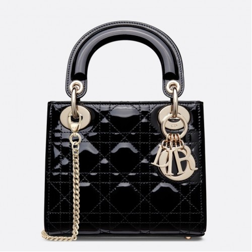 Dior Lady Dior Mini Chain Bag with Chain in Black Patent Calfskin Dior Lady Dior Mini Chain Bag with Chain in Black Patent Calfskin
