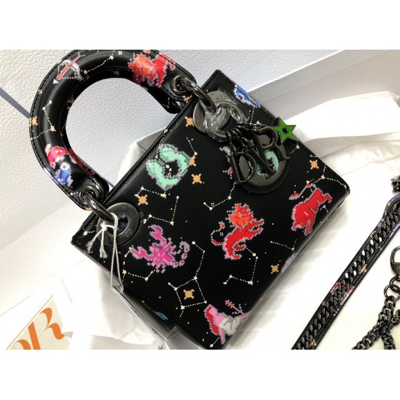 Dior Lady Dior Mini Bag in Black Calfskin with Pixel Zodiac Print Dior Lady Dior Mini Bag in Black Calfskin with Pixel Zodiac Print