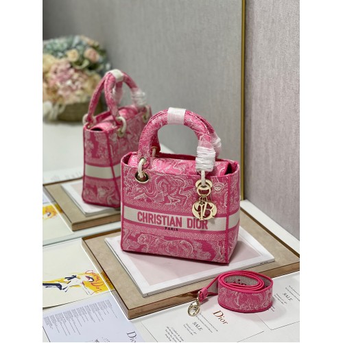 Dior Lady D-Lite Medium Bag In Fluorescent Pink Toile de Jouy Reverse Embroidery Dior Lady D-Lite Medium Bag In Fluorescent Pink Toile de Jouy Reverse Embroidery