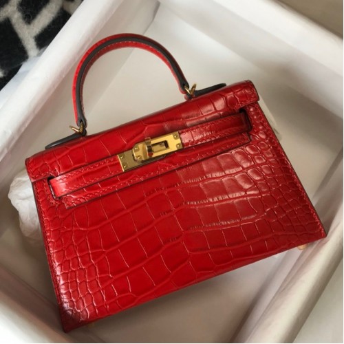 Hermes Kelly Mini II Sellier Bag In Red Crocodile Embossed Leather Hermes Kelly Mini II Sellier Bag In Red Crocodile Embossed Leather