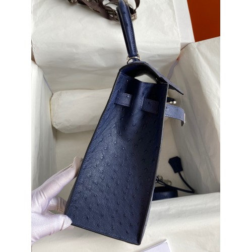 Hermes Kelly Sellier 32 Handmade Bag In Blue Iris Ostrich Leather Hermes Kelly Sellier 32 Handmade Bag In Blue Iris Ostrich Leather