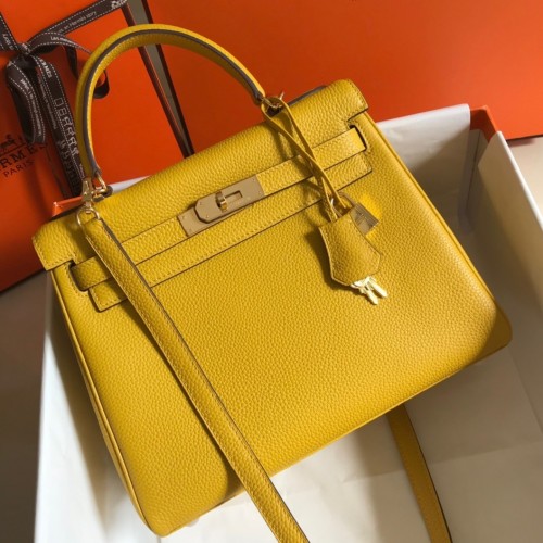 Hermes Kelly 32cm Retourne Bag in Yellow Clemence Leather GHW Hermes Kelly 32cm Retourne Bag in Yellow Clemence Leather GHW