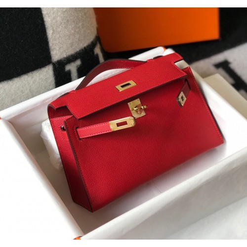 Hermes Kelly Pochette Clutch Bag In Red Epsom Leather