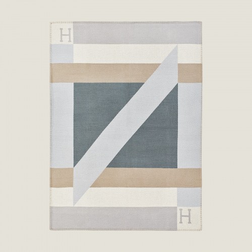 Hermes H Drapeau Blanket in Acier and Perle Cashmere Hermes H Drapeau Blanket in Acier and Perle Cashmere