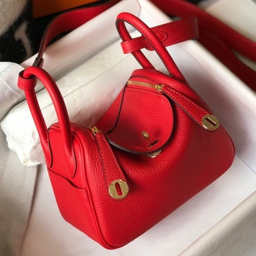 Hermes Lindy Mini Bag In Red Clemence Leather GHW Hermes Lindy Mini Bag In Red Clemence Leather GHW