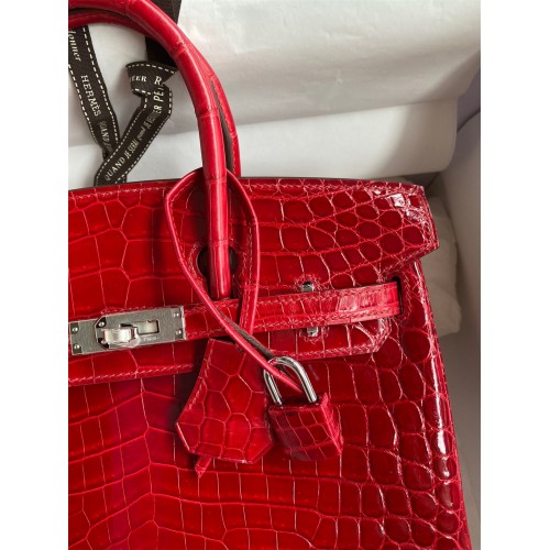 Hermes Birkin 25 Handmade Bag In Red Crocodile Porosus Shiny Skin Hermes Birkin 25 Handmade Bag In Red Crocodile Porosus Shiny Skin