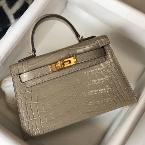 Hermes Kelly Mini II Sellier Bag In Taupe Crocodile Embossed Leather Hermes Kelly Mini II Sellier Bag In Taupe Crocodile Embossed Leather