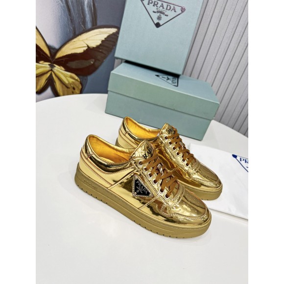 Prada Women's Downtown Sneakers In Gold Metallic Leather Prada Women's Downtown Sneakers In Gold Metallic Leather