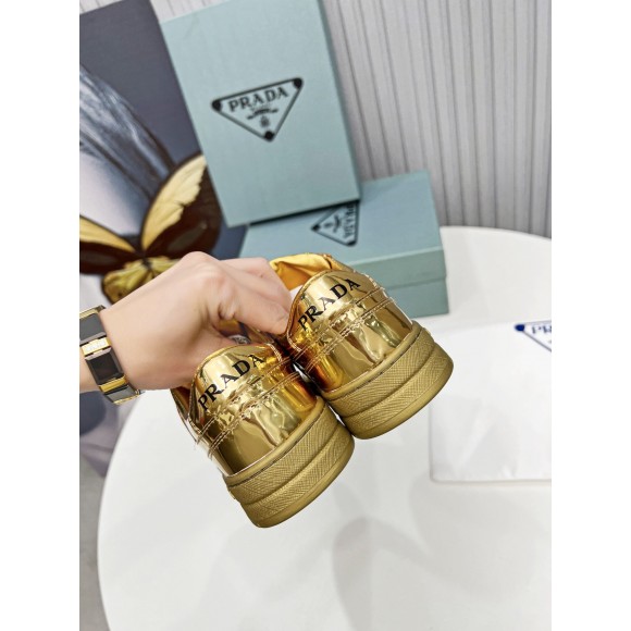 Prada Women's Downtown Sneakers In Gold Metallic Leather Prada Women's Downtown Sneakers In Gold Metallic Leather