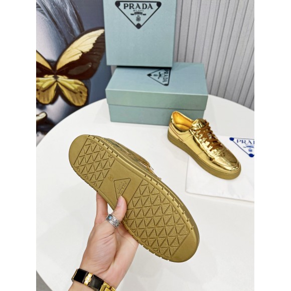 Prada Women's Downtown Sneakers In Gold Metallic Leather Prada Women's Downtown Sneakers In Gold Metallic Leather