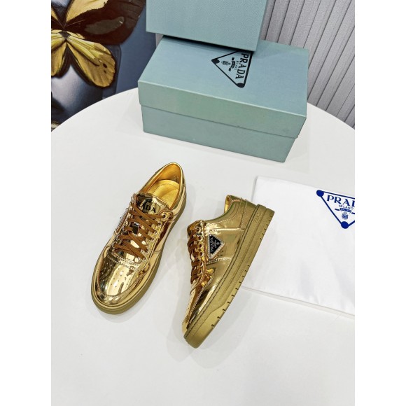 Prada Women's Downtown Sneakers In Gold Metallic Leather Prada Women's Downtown Sneakers In Gold Metallic Leather