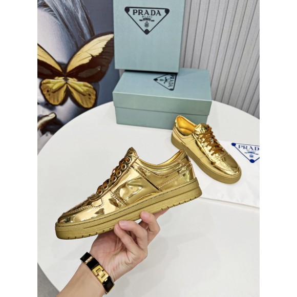 Prada Women's Downtown Sneakers In Gold Metallic Leather Prada Women's Downtown Sneakers In Gold Metallic Leather