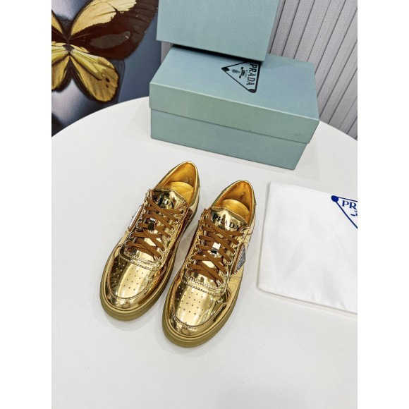 Prada Women's Downtown Sneakers In Gold Metallic Leather Prada Women's Downtown Sneakers In Gold Metallic Leather