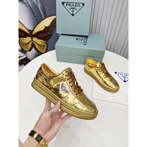 Prada Women's Downtown Sneakers In Gold Metallic Leather Prada Women's Downtown Sneakers In Gold Metallic Leather