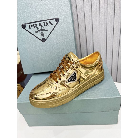 Prada Women's Downtown Sneakers In Gold Metallic Leather Prada Women's Downtown Sneakers In Gold Metallic Leather