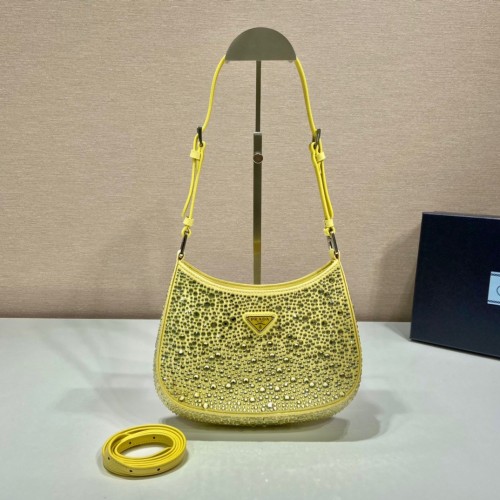 Prada Cleo Bag In Yellow Satin with Cystal Appliques Prada Cleo Bag In Yellow Satin with Cystal Appliques
