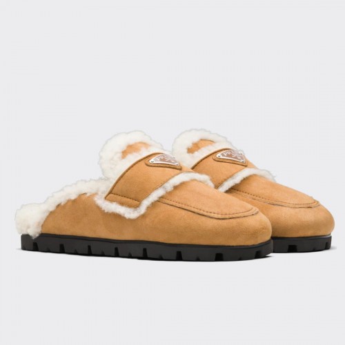 Prada Women's Slippers In Tan Shearling Prada Women's Slippers In Tan Shearling