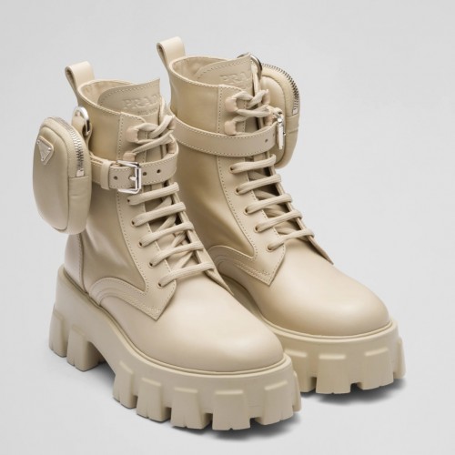 Prada Monolith Boots in Beige Leather and Nylon Fabric Prada Monolith Boots in Beige Leather and Nylon Fabric