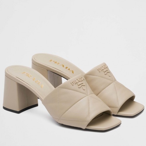 Prada Heeled Slide Sandals 65mm In Beige Nappa Leather Prada Heeled Slide Sandals 65mm In Beige Nappa Leather