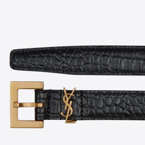 Saint Laurent Cassandre Square Buckle Belt 20MM In Black Crocodile-embossed Leather Saint Laurent Cassandre Square Buckle Belt 20MM In Black Crocodile-embossed Leather