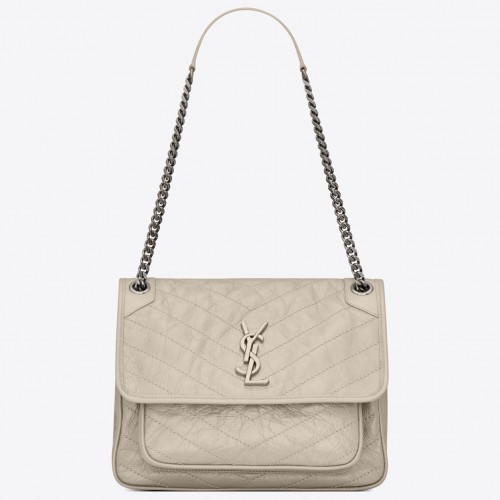 Saint Laurent Niki Medium Chain Bag In White Crinkled Leather