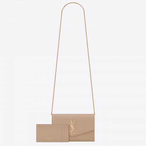 Saint Laurent Uptown Chain Wallet in Beige Grained Leather