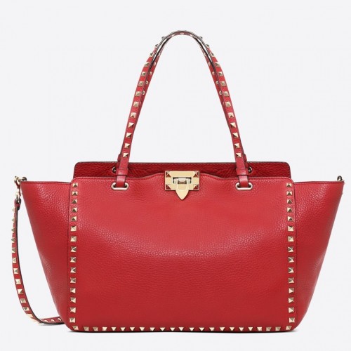 Valentino Rockstud Medium Tote In Red Grained Leather Valentino Rockstud Medium Tote In Red Grained Leather