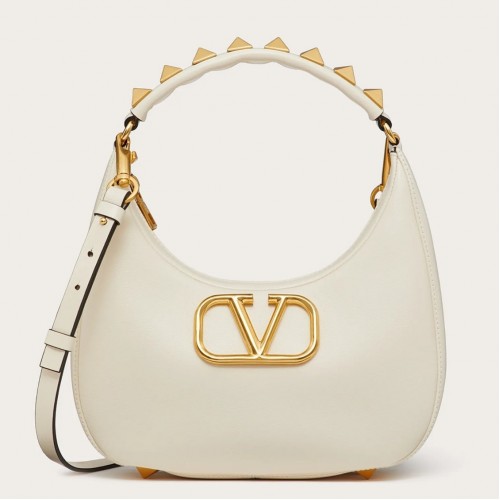 Valentino Stud Sign Hobo Bag In White Calfskin Valentino Stud Sign Hobo Bag In White Calfskin