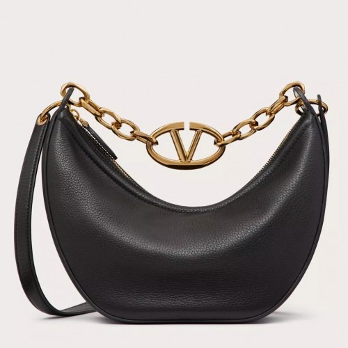 Valentino VLogo Moon Small Hobo Bag with Chain in Black Leather Valentino VLogo Moon Small Hobo Bag with Chain in Black Leather