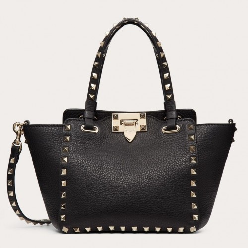 Valentino Rockstud Mini Tote In Black Grained Leather Valentino Rockstud Mini Tote In Black Grained Leather
