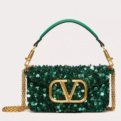 Valentino Small Loco Shoulder Bag with Green 3D-effect Embroidery Valentino Small Loco Shoulder Bag with Green 3D-effect Embroidery